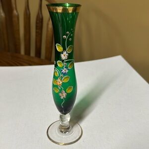 Bohemian Green Glass Vase by Arnart Hand Painted & Hand Blown Gold trim 8”